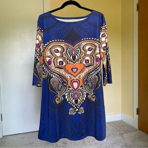 Unique vintage shift dress in blue with psychedelic heart design print.